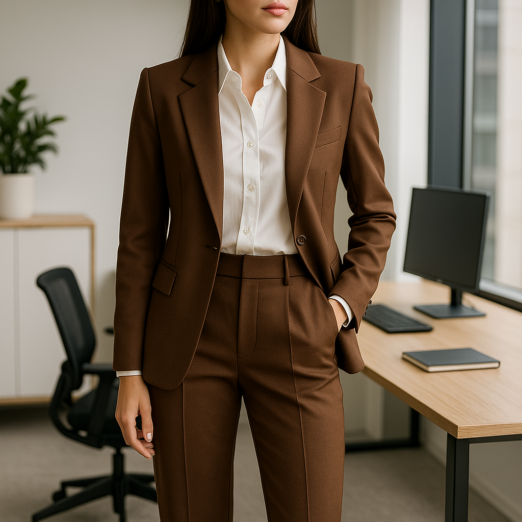 A chic office outfit featuring a brown tailored blazer over a white shirt, paired with trousers, in a modern office setting.
